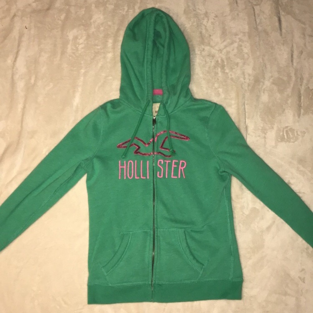 Hollister Zip-Up Hoodie, Green w/ Pink Logo
